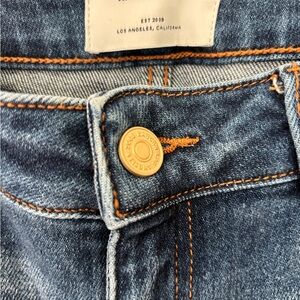 High-Rise Blue Denim Jeans with Orange Stitching
